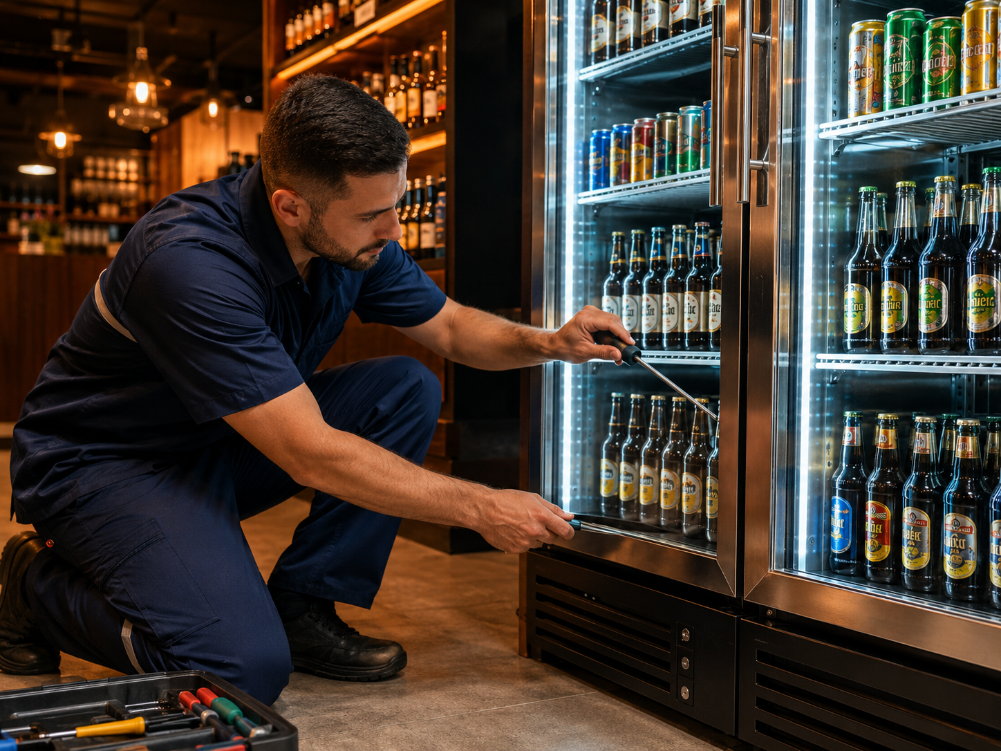 Técnico consertando cervejeira expositora de bebidas